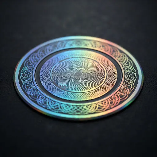 Macro photograph of high-security holographic printing on a certificate